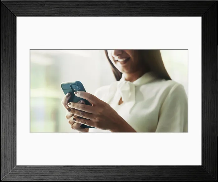 Framed Print : Business, woman and hands scroll with phone in office for cryptocurrency research or reading stock market news Framed Print : Business, woman and hands scroll with phone in office for cryptocurrency research or reading stock market news