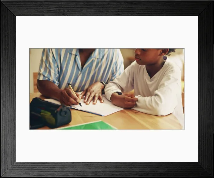 Framed Print : Table, studying and child with dad Framed Print : Table, studying and child with dad