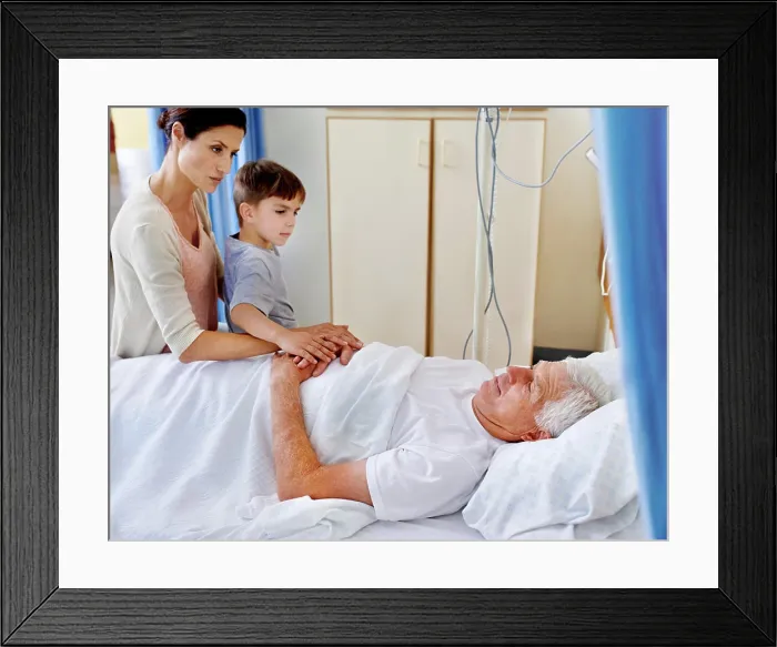 Framed Print : Healthcare, bed and senior man with family for support Framed Print : Healthcare, bed and senior man with family for support