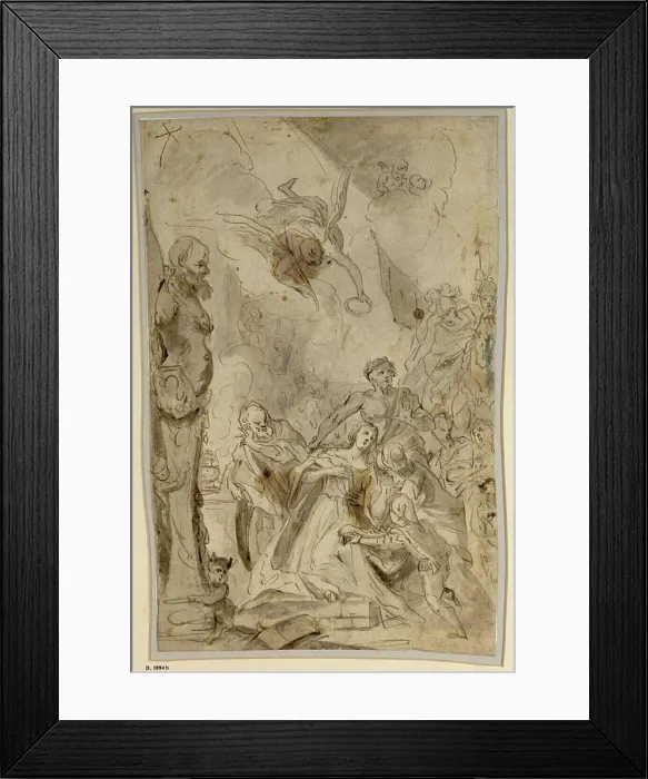 Framed Print : A pen and bister drawing by Peter Brandl depicting the martyrdom of a saint