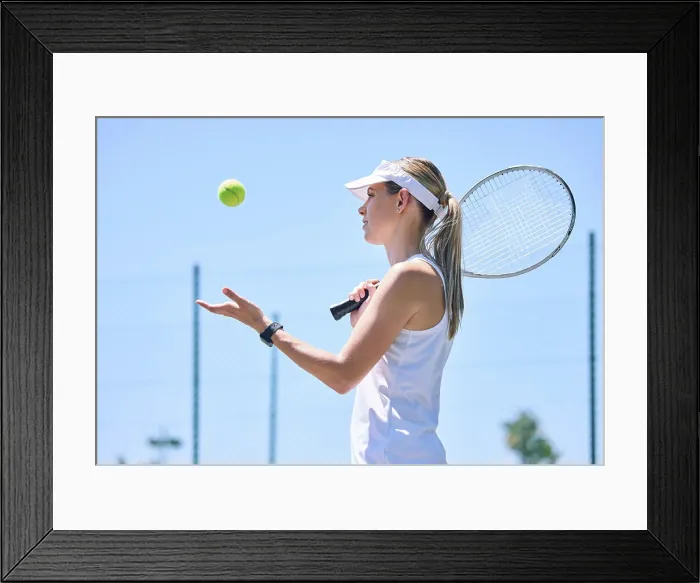 Framed Print : Sports, tennis ball and player ready to play a game on the court for fitness Framed Print : Sports, tennis ball and player ready to play a game on the court for fitness
