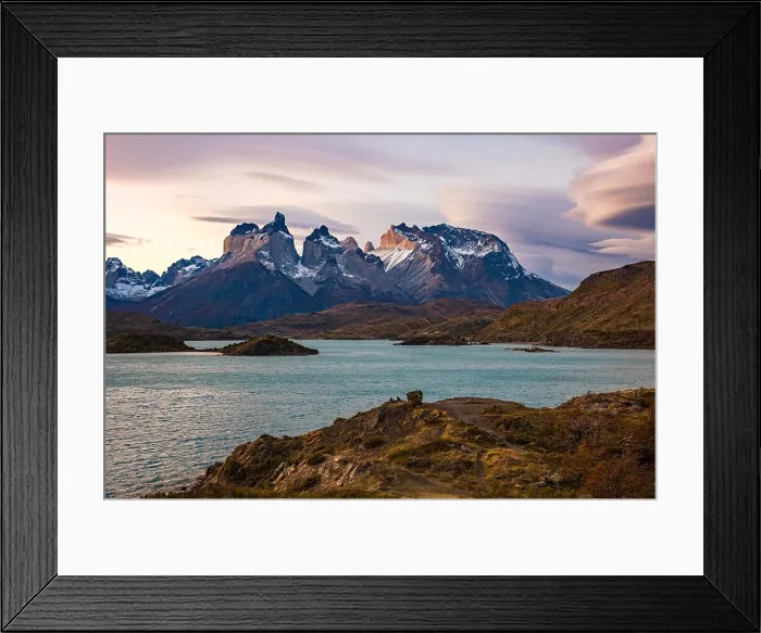 Framed Print : Evening atmosphere with the prominent mountain Los Cuernos at Torres del Paine National Park, Chile Framed Print : Evening atmosphere with the prominent mountain Los Cuernos at Torres del Paine National Park, Chile