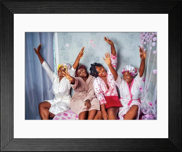 Framed Print : Happy women in dressing gowns and hair bonnets Framed Print : Happy women in dressing gowns and hair bonnets