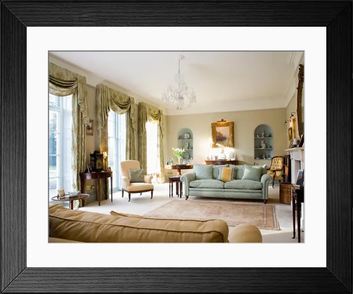 Framed Print : Blue-green sofa in country drawing room with swagged curtains