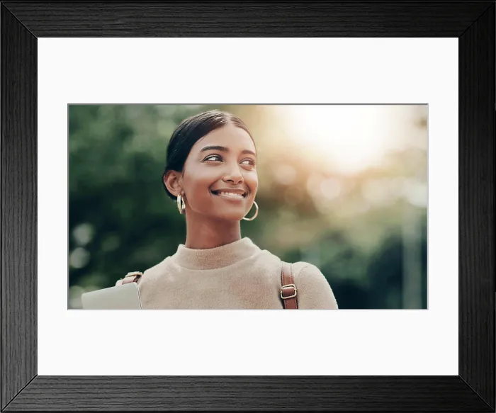 Framed Print : Student, girl and walking with thinking outdoor for morning commute to campus and daydreaming of future Framed Print : Student, girl and walking with thinking outdoor for morning commute to campus and daydreaming of future