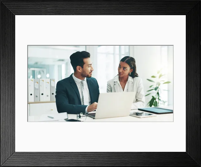 Framed Print : Businessman, laptop and team at office Framed Print : Businessman, laptop and team at office