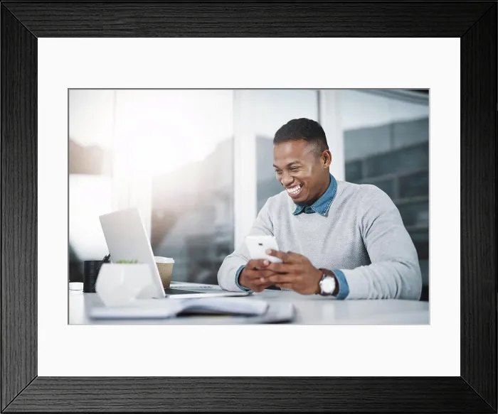 Framed Print : Businessman, laptop and laugh with cellphone Framed Print : Businessman, laptop and laugh with cellphone