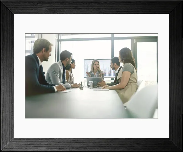 Framed Print : Meeting, brainstorming and business people in office with graphic and confidence Framed Print : Meeting, brainstorming and business people in office with graphic and confidence