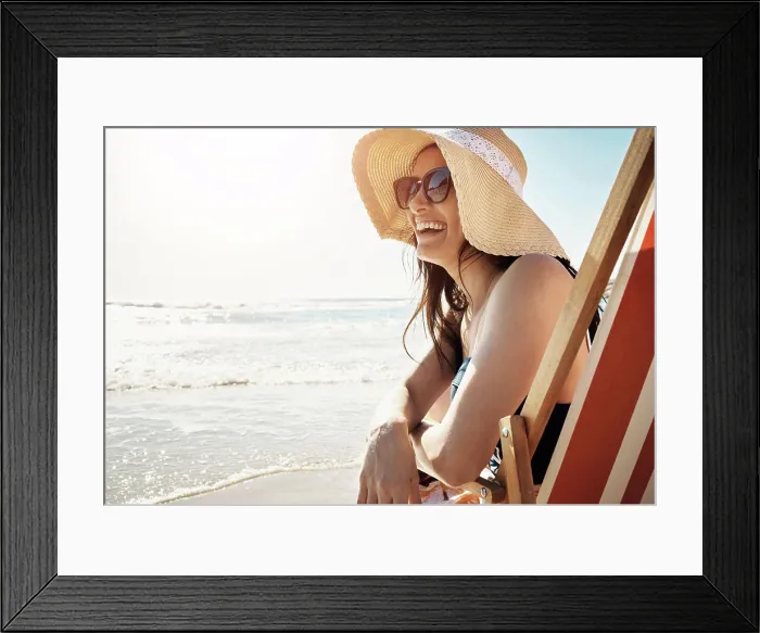Framed Print : Woman, happy and sunglasses at beach with water