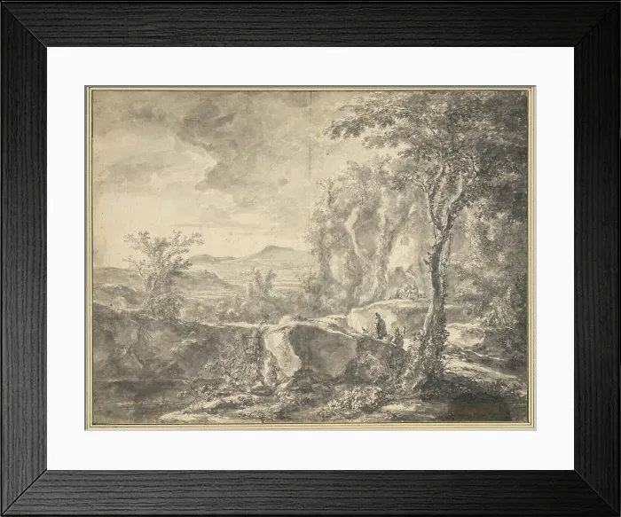 Framed Print : Drawing by Jan Both of a tree-rich mountain landscape with travelers Framed Print : Drawing by Jan Both of a tree-rich mountain landscape with travelers