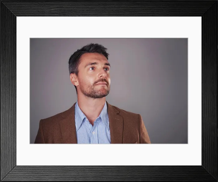 Framed Print : Thinking, idea and business man on gray background for problem solving Framed Print : Thinking, idea and business man on gray background for problem solving