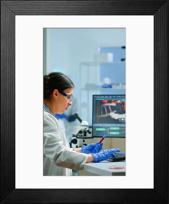 Framed Print : Team of microbiology scientists discussing about virus development Framed Print : Team of microbiology scientists discussing about virus development