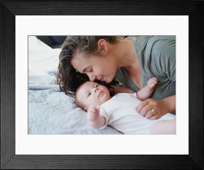 Framed Print : Mom, baby and smile on bed in home for support