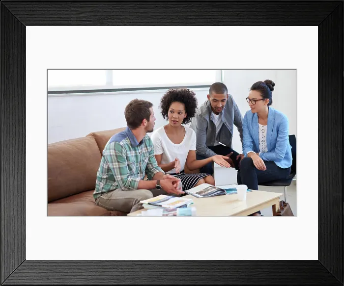 Framed Print : Publication, employees and talk on project in office