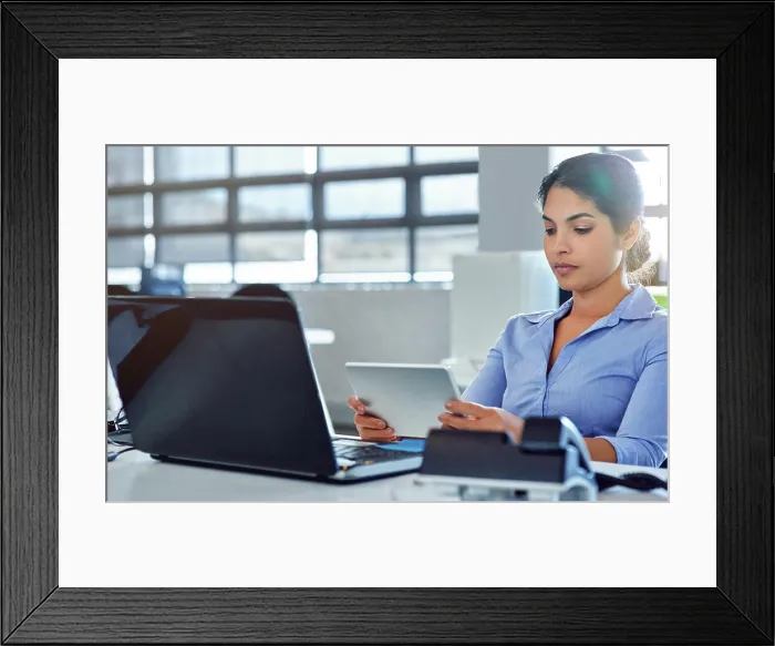 Framed Print : Administration office, tablet and woman focus on reading financial savings
