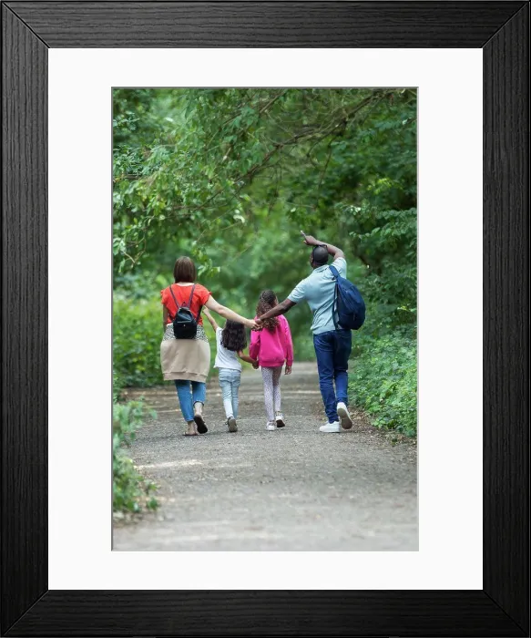 Framed Print : Family holding hands walking on path in park