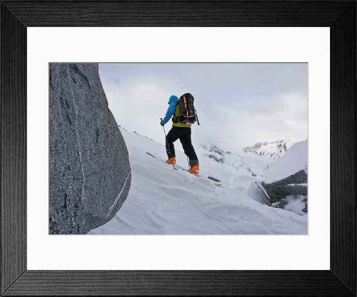 Framed Print : A man splitboarding in Fairy Meadows, Selkirks, BC Framed Print : A man splitboarding in Fairy Meadows, Selkirks, BC