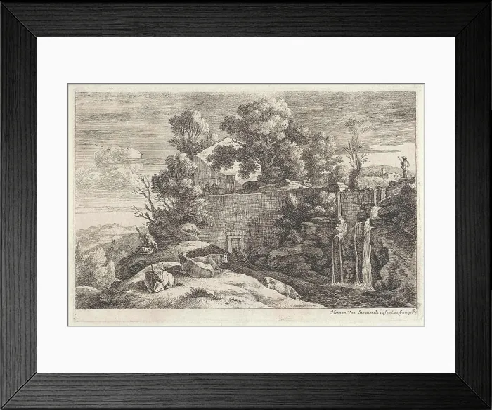 Framed Print : Landscape with cows and a spinster; Four river landscapes Framed Print : Landscape with cows and a spinster; Four river landscapes