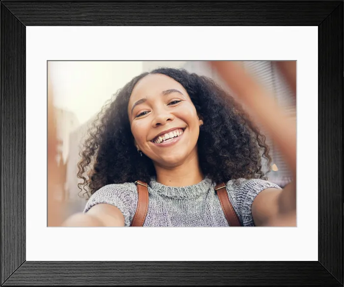 Framed Print : Happy, selfie and portrait of a woman in the city for exploring or sightseeing on weekend trip Framed Print : Happy, selfie and portrait of a woman in the city for exploring or sightseeing on weekend trip