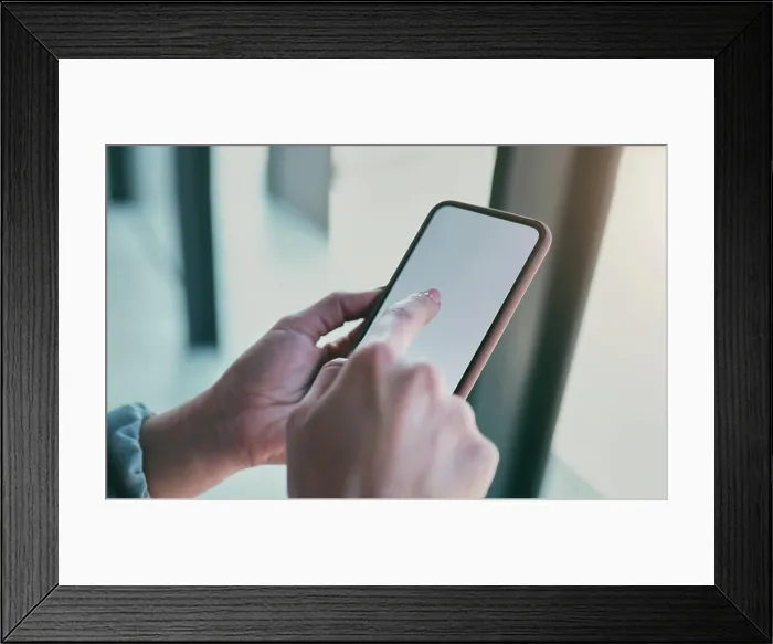 Framed Print : Phone, mockup and hands of person in office for social media Framed Print : Phone, mockup and hands of person in office for social media