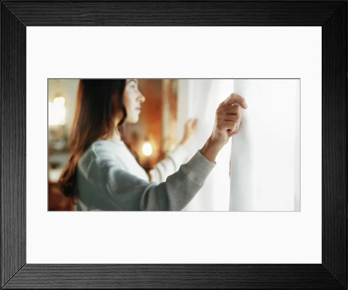 Framed Print : Woman, window and open curtains in home for start day