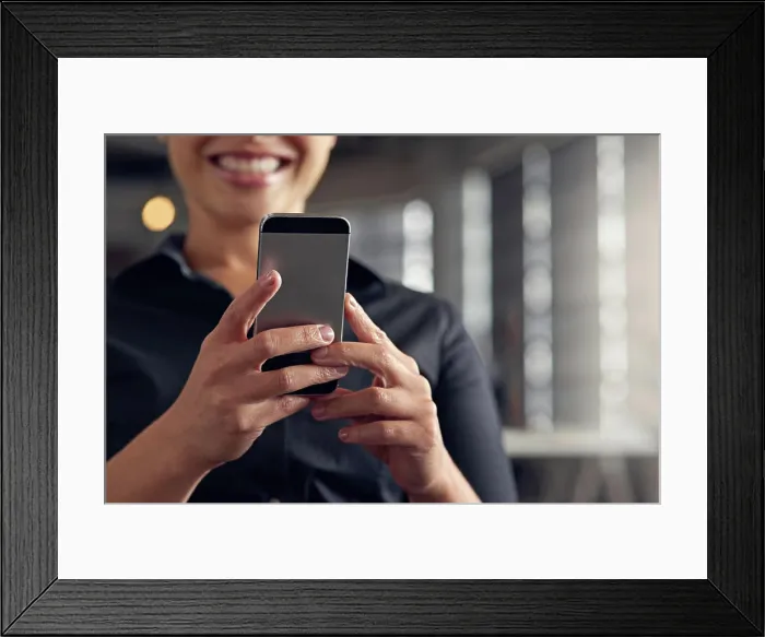 Framed Print : Business woman, hands and phone in office for public relations email or press release update