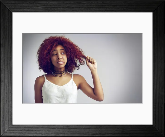 Framed Print : Hair, salon and woman on gray background for wellness Framed Print : Hair, salon and woman on gray background for wellness
