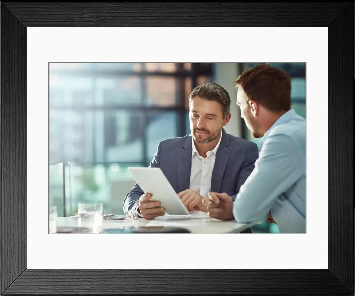 Framed Print : Teamwork meeting, tablet and business people in office workplace