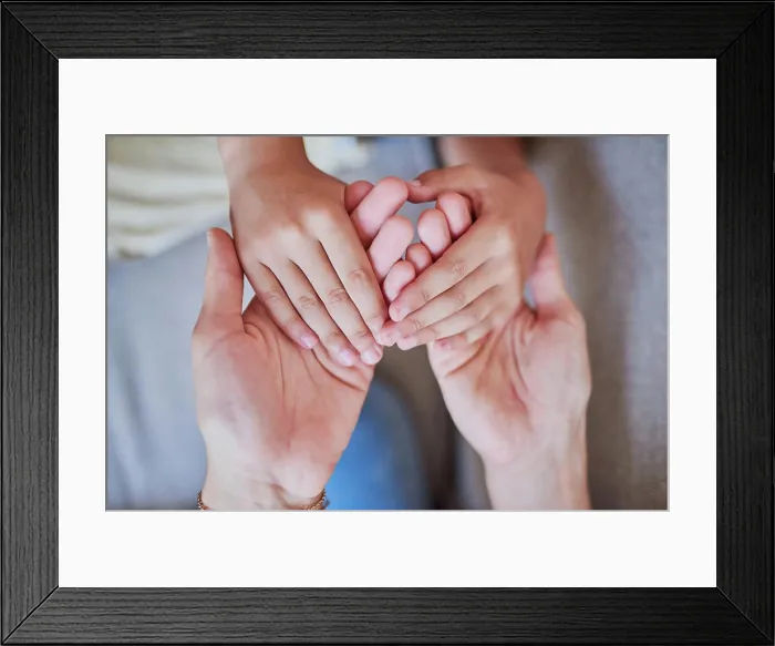 Framed Print : Love, above and parent holding hands with child for respect Framed Print : Love, above and parent holding hands with child for respect