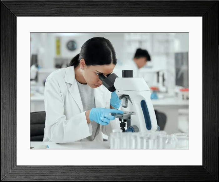 Framed Print : Woman, microscope and research in lab for chemistry Framed Print : Woman, microscope and research in lab for chemistry