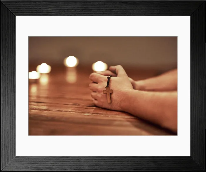 Framed Print : Rosary, hands and church to pray Framed Print : Rosary, hands and church to pray