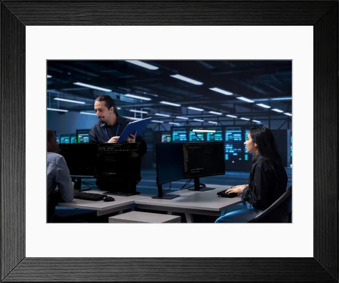 Framed Print : Multiethnic staff members in data center updating systems Framed Print : Multiethnic staff members in data center updating systems
