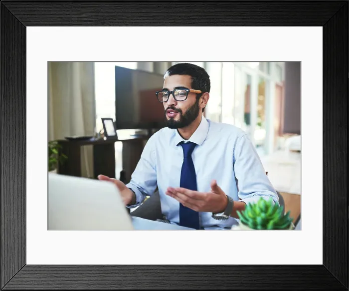 Framed Print : Business, man and discussion with laptop on video call for remote work Framed Print : Business, man and discussion with laptop on video call for remote work