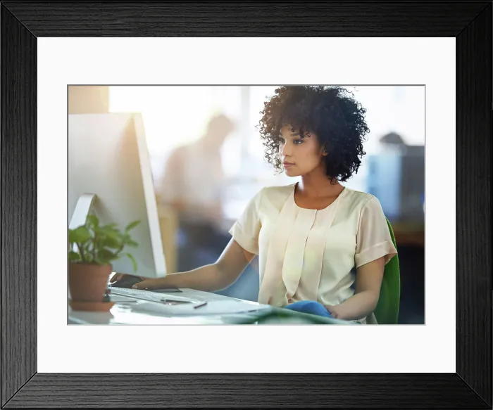 Framed Print : Computer, desk and woman with research in office for online networking