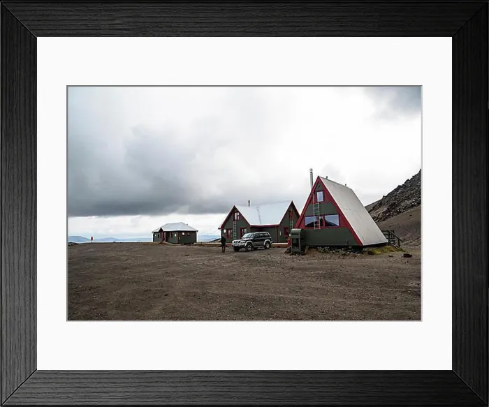 Framed Print : Jeep in front of Dreki hut, Askja, highlands, Iceland, Europe Framed Print : Jeep in front of Dreki hut, Askja, highlands, Iceland, Europe