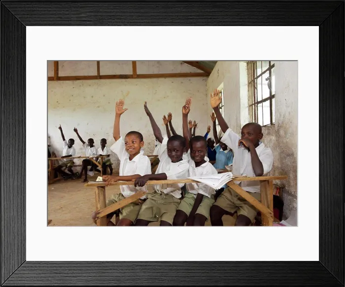 Framed Print : Children with hands up in classroom at rural school, Kenya, June Framed Print : Children with hands up in classroom at rural school, Kenya, June