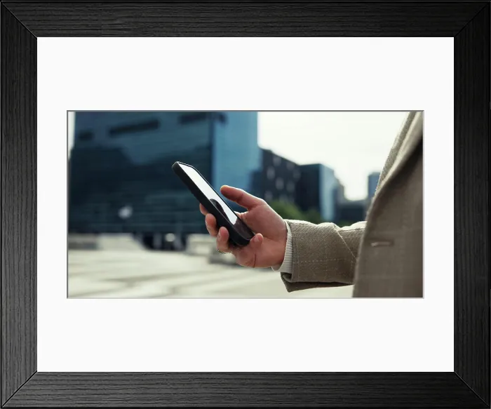 Framed Print : Communication, outdoor and hand with smartphone Framed Print : Communication, outdoor and hand with smartphone