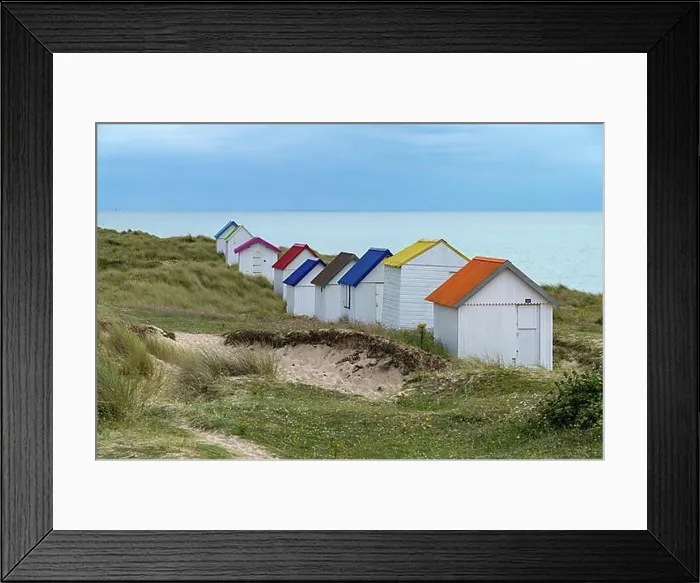 Framed Print : Colourful beach houses in the dunes on the beach of Gouville-sur-Mer, Normandy, France, Europe