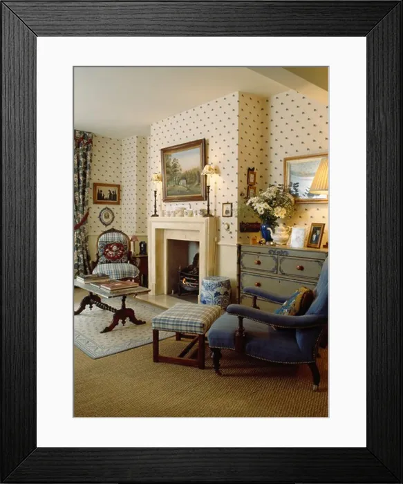 Framed Print : Spotted neutral wallpaper in townhouse livingroom with floral firescreen in cream fireplace Framed Print : Spotted neutral wallpaper in townhouse livingroom with floral firescreen in cream fireplace