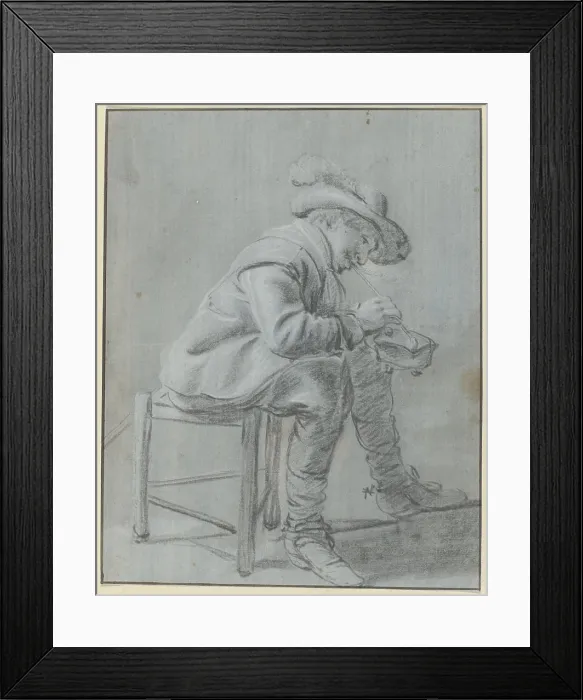 Framed Print : Rider with hat sitting on a three-legged stool lighting his pipe with a bowlfork Framed Print : Rider with hat sitting on a three-legged stool lighting his pipe with a bowlfork