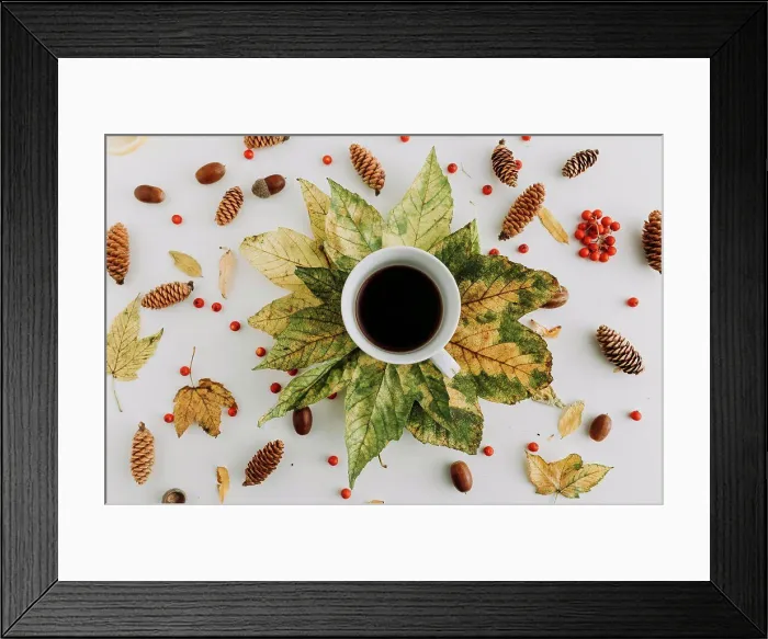 Framed Print : Tea cup with on leaves with acorns, cones, and mountain ash Framed Print : Tea cup with on leaves with acorns, cones, and mountain ash