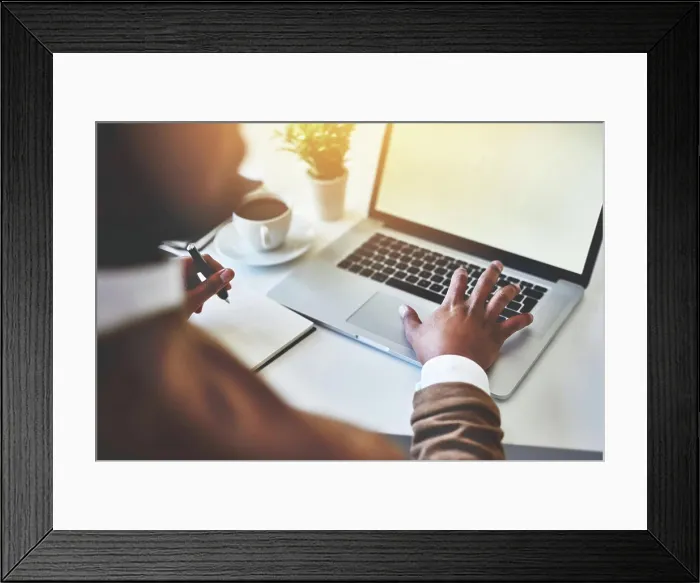 Framed Print : Hands, screen and business person on laptop for social media campaign