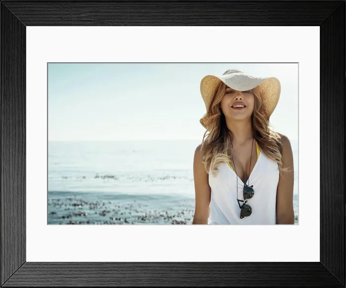 Framed Print : Woman, smile and sun hat at sea for summer Framed Print : Woman, smile and sun hat at sea for summer