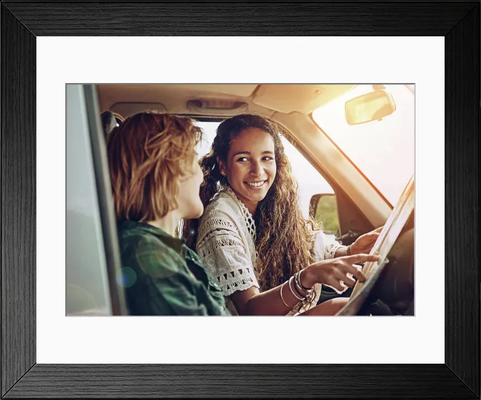Framed Print : Road trip, reading map and happy friends travel on vacation and navigation for planning holiday in car Framed Print : Road trip, reading map and happy friends travel on vacation and navigation for planning holiday in car