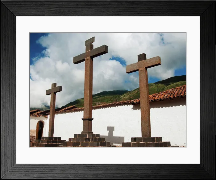 Framed Print : Three crosses outside of an old church, Peru, South America Framed Print : Three crosses outside of an old church, Peru, South America