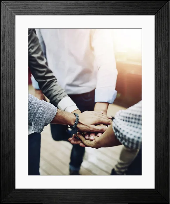 Framed Print : Business people, meeting and hands together with team for motivation Framed Print : Business people, meeting and hands together with team for motivation