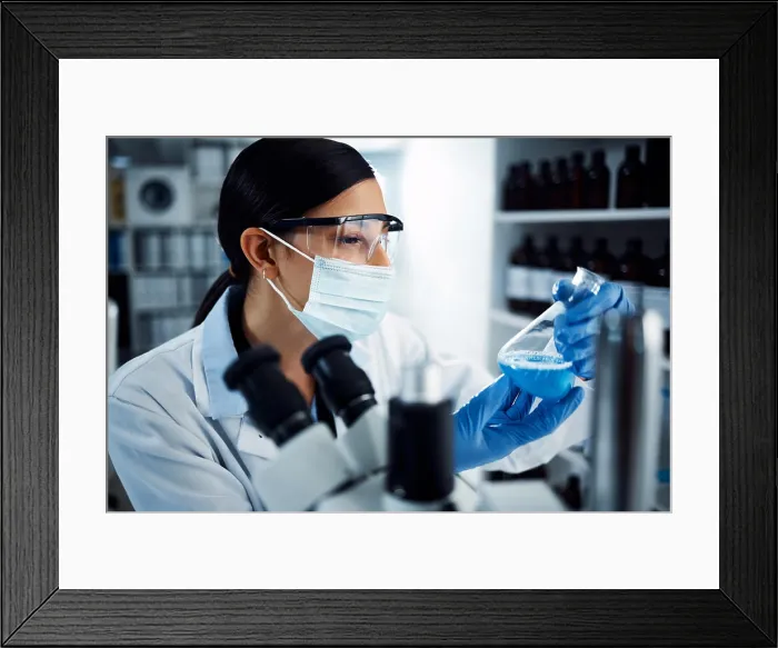 Framed Print : Woman, scientist and analysis of chemical liquid