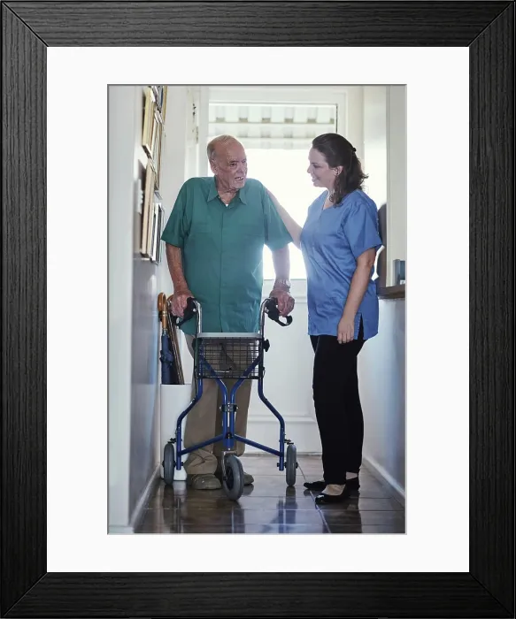 Framed Print : Senior man, walker and support with nurse for physiotherapy Framed Print : Senior man, walker and support with nurse for physiotherapy