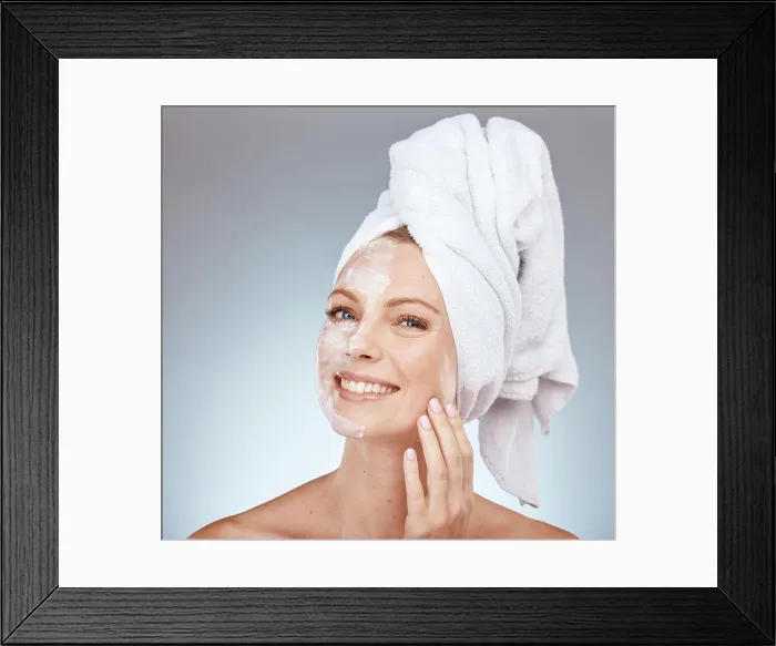 Framed Print : Beauty, skincare and face mask for woman in studio for clean Framed Print : Beauty, skincare and face mask for woman in studio for clean