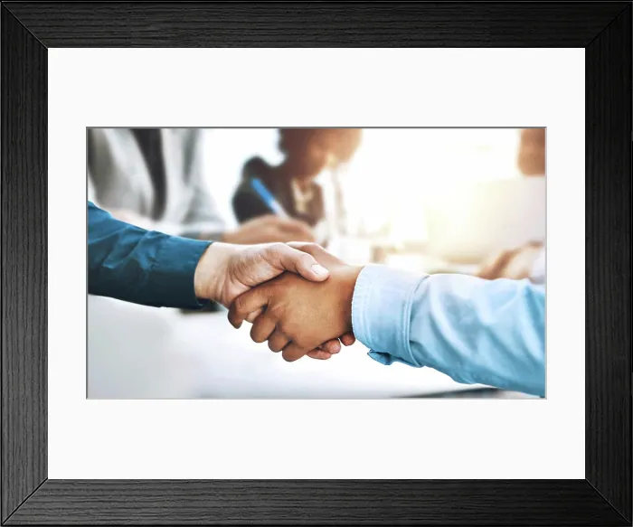 Framed Print : Deal, handshake and partnership with business people in office together for collaboration closeup Framed Print : Deal, handshake and partnership with business people in office together for collaboration closeup
